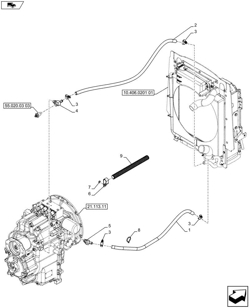 Схема запчастей Case 580SN WT - (21.106.01) - VAR - 423062 - TRANSMISSION, POWERSHIFT, OIL COOLER LINE (21) - TRANSMISSION