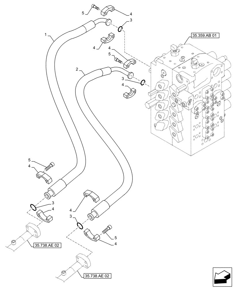 Схема запчастей Case CX490D RTC - (35.738.AE[01]) - BUCKET CYLINDER, LINES (35) - HYDRAULIC SYSTEMS