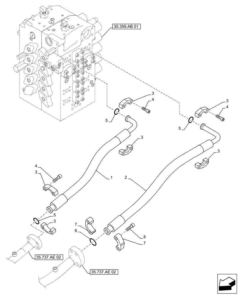 Схема запчастей Case CX500D RTC - (35.737.AE[01]) - ARM CYLINDER, LINES (35) - HYDRAULIC SYSTEMS