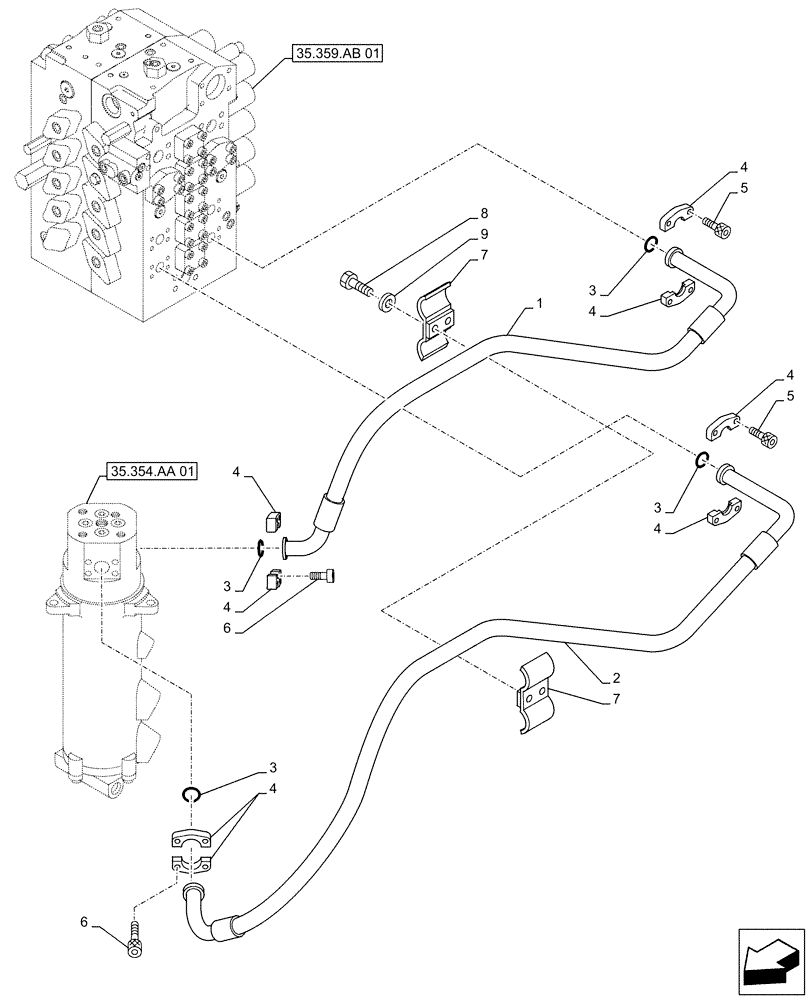 Схема запчастей Case CX500D RTC - (35.354.AF[02]) - HYDRAULIC SWIVEL, LINES (35) - HYDRAULIC SYSTEMS