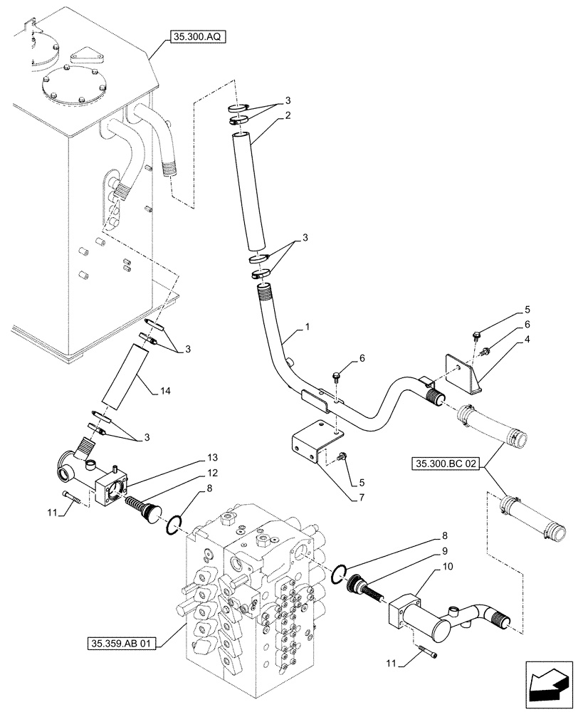 Схема запчастей Case CX490D RTC - (35.300.BC[01]) - OIL COOLER LINE (35) - HYDRAULIC SYSTEMS