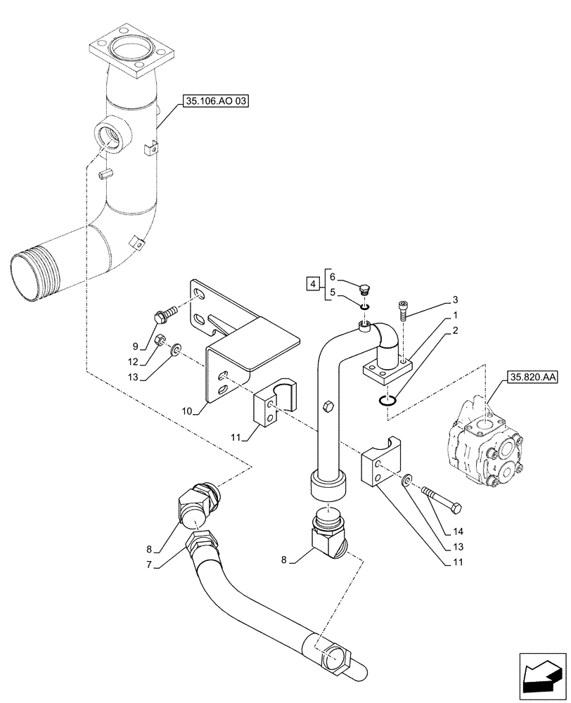 Схема запчастей Case CX500D RTC - (35.106.AO[04]) - VARIABLE DELIVERY HYDRAULIC PUMP, SUCTION PIPE (35) - HYDRAULIC SYSTEMS