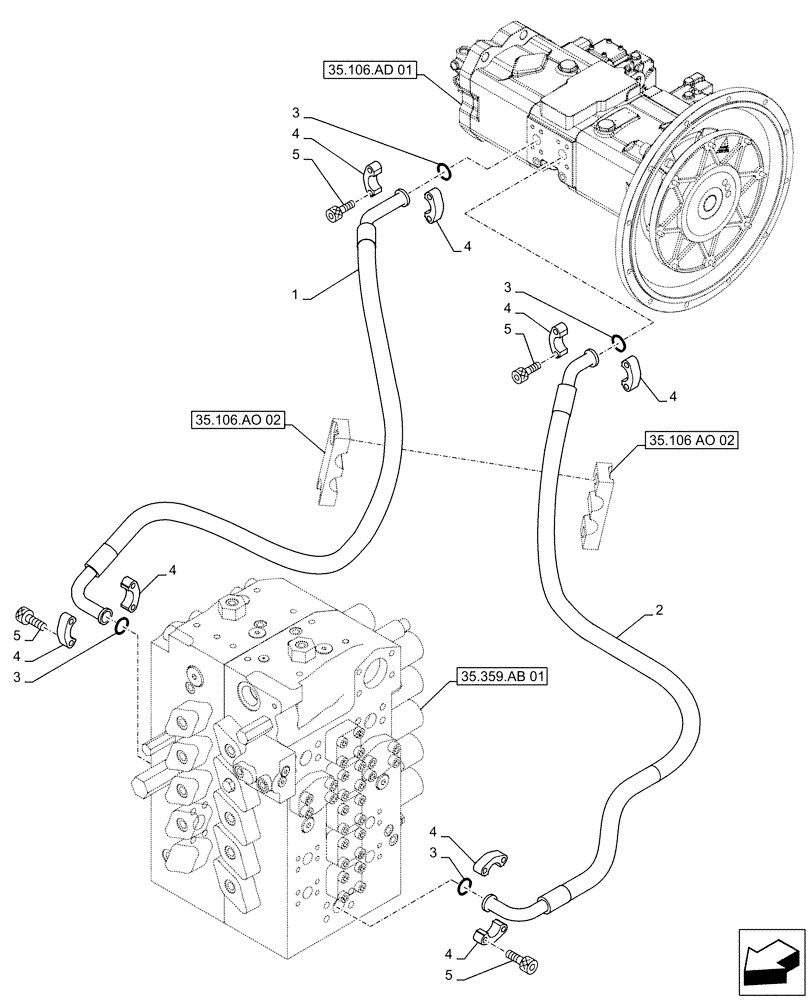 Схема запчастей Case CX500D LC - (35.106.AO[01]) - VARIABLE DELIVERY HYDRAULIC PUMP, PRESSURE PIPE (35) - HYDRAULIC SYSTEMS