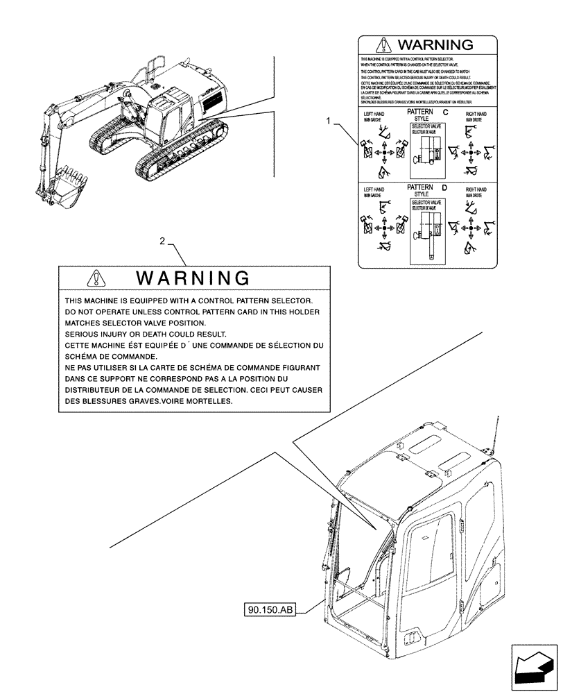 Схема запчастей Case CX490D LC - (90.108.AC[03]) - VAR - 461558 - WARNING DECAL, CONTROL PATTERN SELECTION (90) - PLATFORM, CAB, BODYWORK AND DECALS