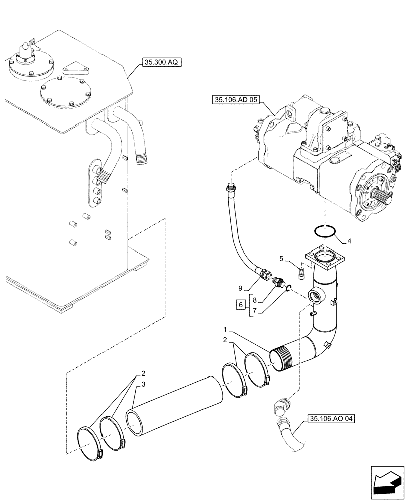 Схема запчастей Case CX500D RTC - (35.106.AO[03]) - VARIABLE DELIVERY HYDRAULIC PUMP, SUCTION PIPE (35) - HYDRAULIC SYSTEMS