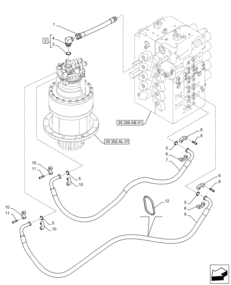 Схема запчастей Case CX500D LC - (35.352.AI[03]) - MOTO-REDUCTION GEAR, LINES (35) - HYDRAULIC SYSTEMS