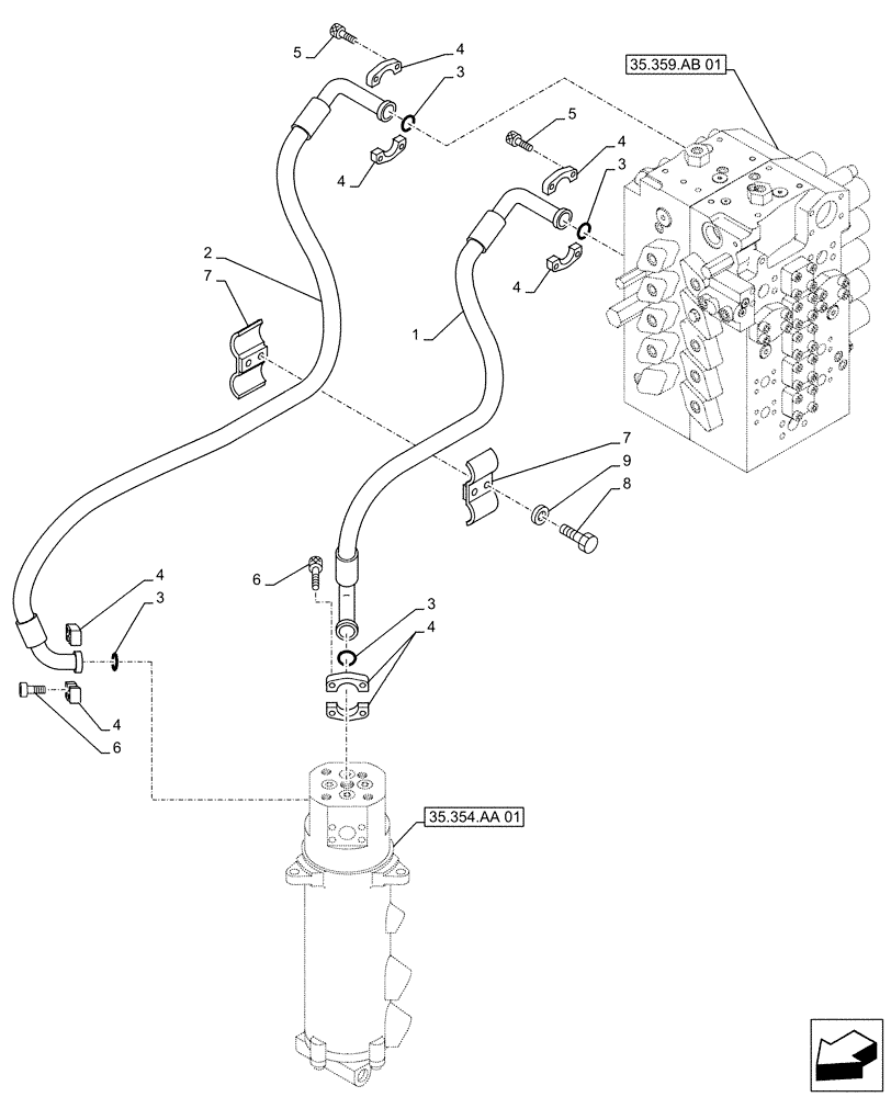 Схема запчастей Case CX500D RTC - (35.354.AF[01]) - HYDRAULIC SWIVEL, LINES (35) - HYDRAULIC SYSTEMS