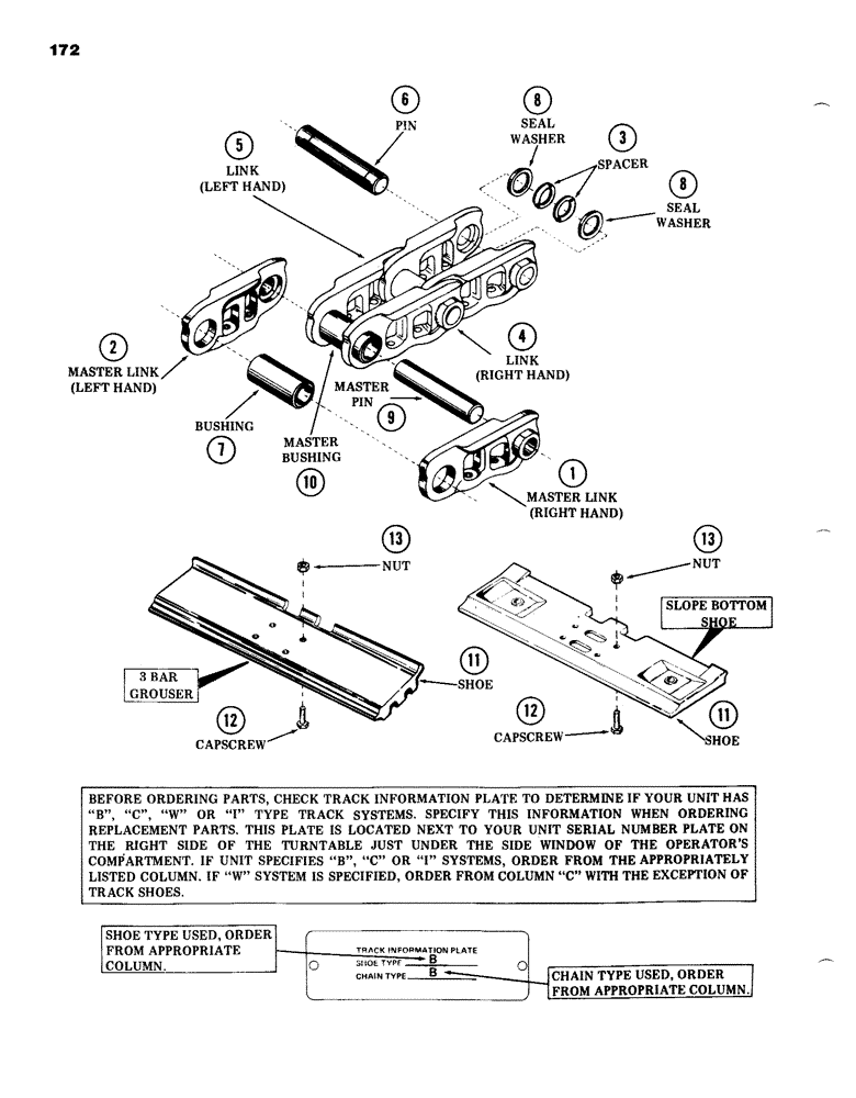 Схема запчастей Case 980B - (172) - TRACKS, SHOES, PINS AND LINKS, (USED ON UNITS WITH PIN 6203831 THRU 6203989) (04) - UNDERCARRIAGE