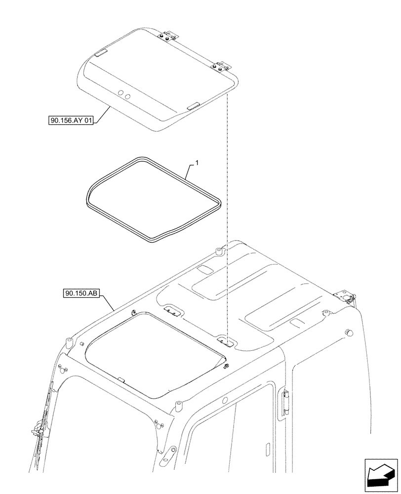 Схема запчастей Case CX500D RTC - (90.156.AY[02]) - CAB GLASS, ROOF, SEAL (90) - PLATFORM, CAB, BODYWORK AND DECALS