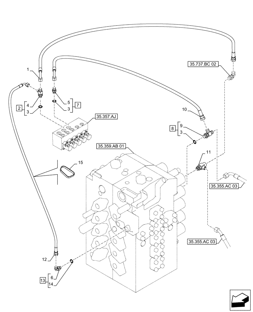 Схема запчастей Case CX500D RTC - (35.357.AO[02]) - STD + VAR - 461558 - MAIN, SOLENOID VALVE, PRESSURE PIPE, CONTROL PATTERN SELECTION (35) - HYDRAULIC SYSTEMS