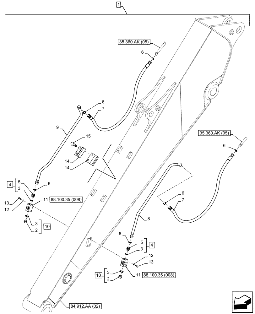 Схема запчастей Case CX160D LC - (88.100.35[007]) - DIA KIT, AUXILIARY HYDRAULIC, HAMMER CIRCUIT, SHEARS, HIGH FLOW, LINE, ARM (L=3.05M) (88) - ACCESSORIES