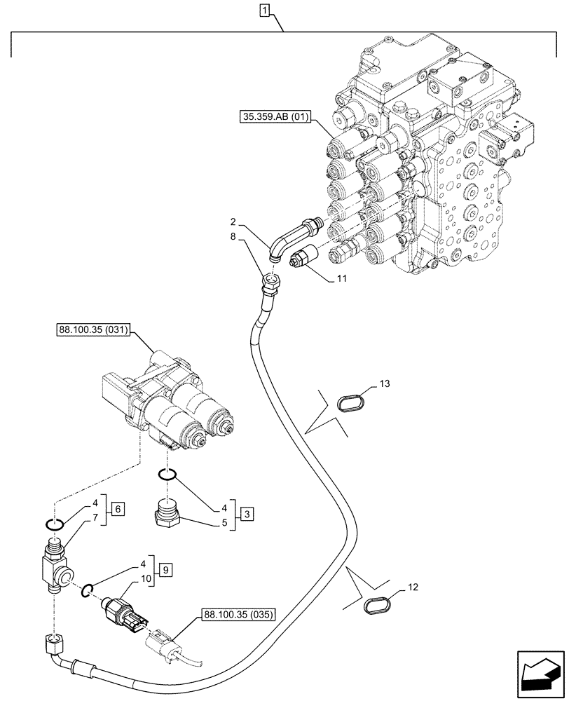 Схема запчастей Case CX130D - (88.100.35[034]) - DIA KIT, HAMMER CIRCUIT, W/ ELECTRICAL PROPORTIONAL CONTROL, SOLENOID VALVE, LINE, PRESSURE RELIEF VALVE, SENSOR (88) - ACCESSORIES