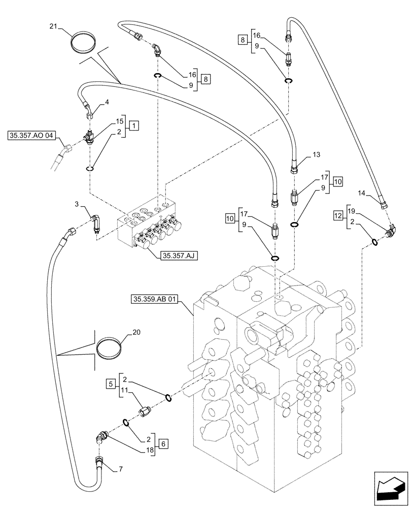 Схема запчастей Case CX500D RTC - (35.357.AO[05]) - STD + VAR - 461558 - MAIN, SOLENOID VALVE, PRESSURE PIPE, CONTROL PATTERN SELECTION (35) - HYDRAULIC SYSTEMS