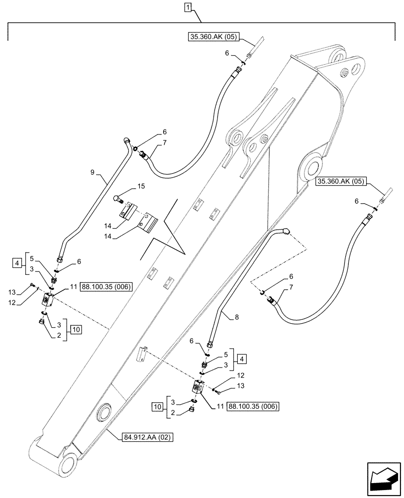 Схема запчастей Case CX160D LC - (88.100.35[005]) - DIA KIT, AUXILIARY HYDRAULIC, HAMMER CIRCUIT, SHEARS, HIGH FLOW, LINE, ARM (L=2.62M) (88) - ACCESSORIES