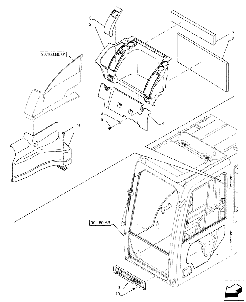 Схема запчастей Case CX490D LC - (90.160.AH) - CAB, REAR, PANEL (90) - PLATFORM, CAB, BODYWORK AND DECALS