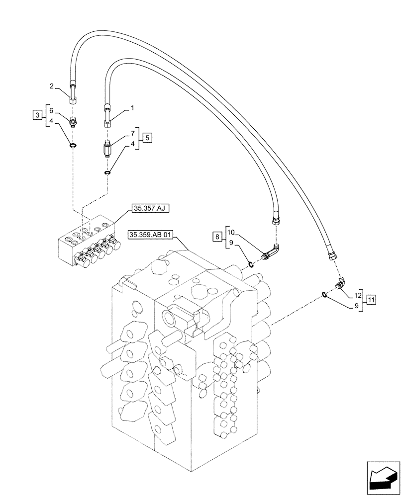 Схема запчастей Case CX500D RTC - (35.357.AO[03]) - STD + VAR - 461558 - MAIN, SOLENOID VALVE, PRESSURE PIPE, CONTROL PATTERN SELECTION (35) - HYDRAULIC SYSTEMS