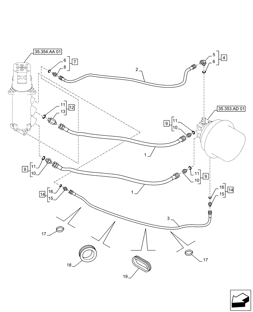 Схема запчастей Case CX490D RTC - (35.353.AE[01]) - TRAVEL MOTOR & REDUCTION GEAR, LINES (35) - HYDRAULIC SYSTEMS