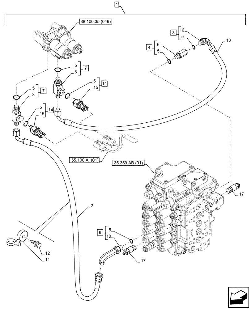 Схема запчастей Case CX130D - (88.100.35[051]) - DIA KIT, HAMMER CIRCUIT, HIGH FLOW, W/ ELECTRICAL PROPORTIONAL CONTROL, SOLENOID VALVE, REDUCER, LINE, PRESSURE RELIEF VALVE, SENSOR (88) - ACCESSORIES
