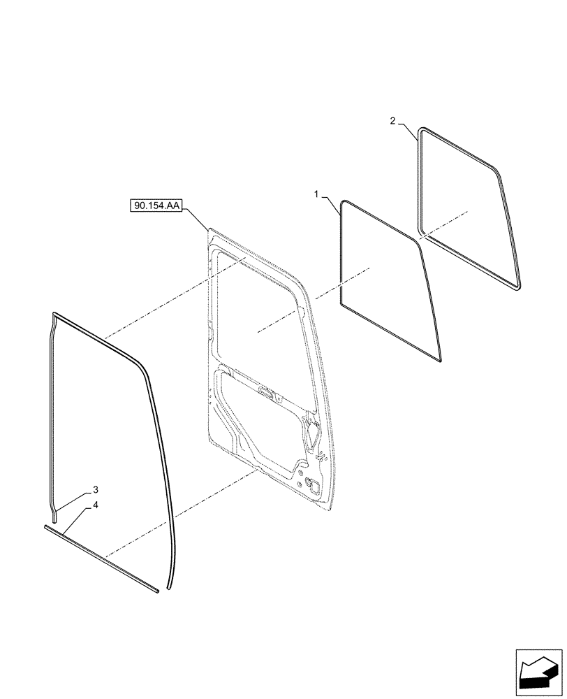 Схема запчастей Case CX490D LC - (90.154.AH) - CAB DOOR, SEAL (90) - PLATFORM, CAB, BODYWORK AND DECALS