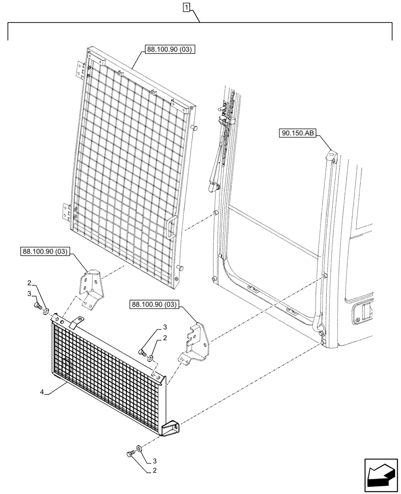 Схема запчастей Case CX250D LC LR - (88.100.90[04]) - DIA KIT, CAB GUARD, MESH, FRONT, LOWER (88) - ACCESSORIES