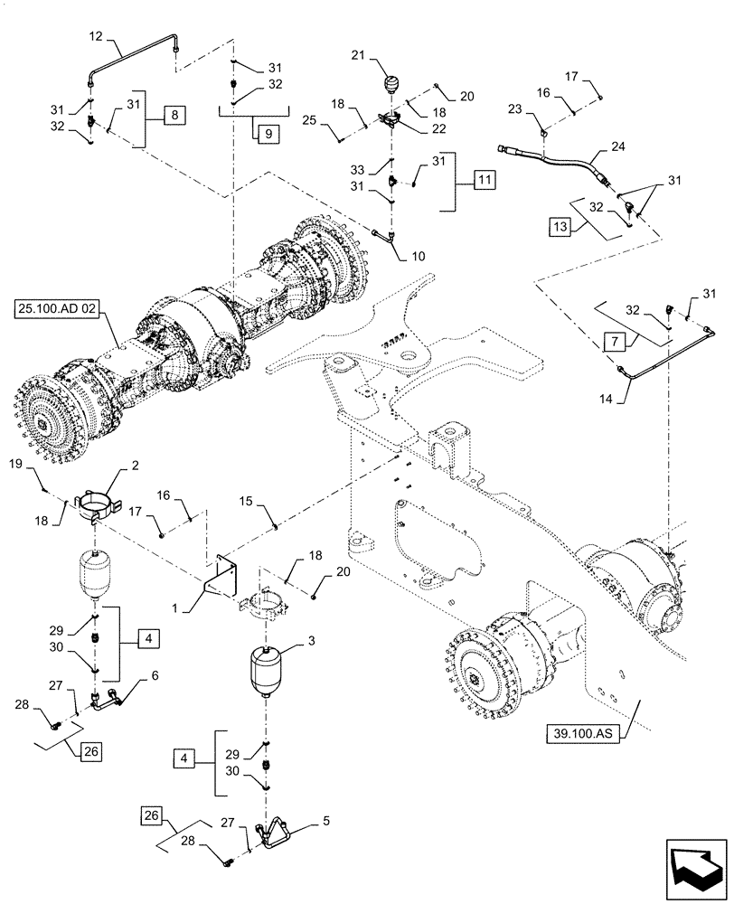 Схема запчастей Case 1021G - (33.110.010[01]) - VAR - 734046, 424775 - BRAKE ACCUMULATOR INSTALLATION, STD AXLE (33) - BRAKES & CONTROLS