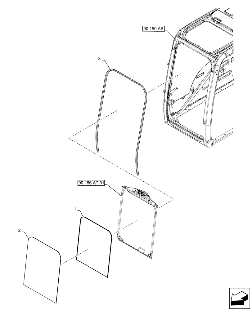 Схема запчастей Case CX500D RTC - (90.156.AL) - CAB GLASS, FRONT (90) - PLATFORM, CAB, BODYWORK AND DECALS