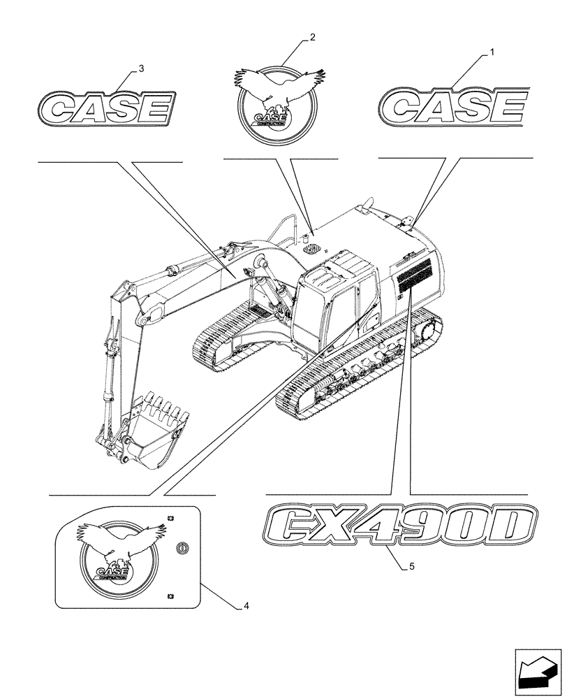 Схема запчастей Case CX490D LC - (90.108.AB[03]) - MODEL IDENTIFICATION DECAL (90) - PLATFORM, CAB, BODYWORK AND DECALS