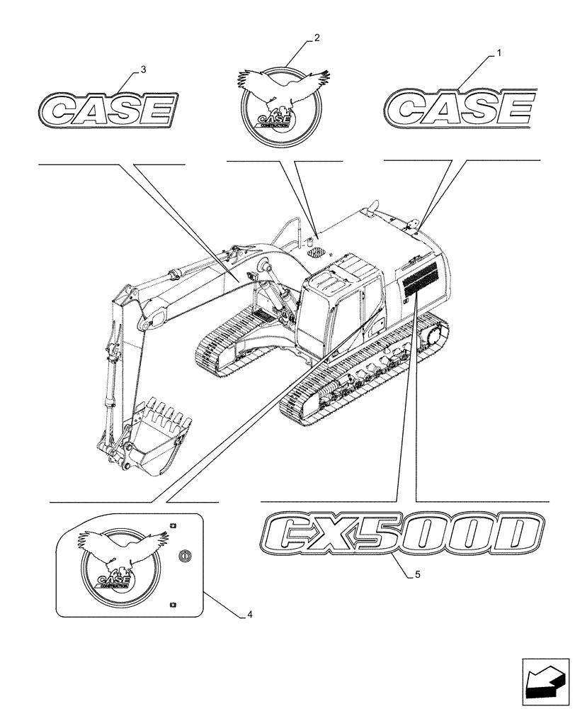 Схема запчастей Case CX500D RTC - (90.108.AB[04]) - MODEL IDENTIFICATION DECAL (90) - PLATFORM, CAB, BODYWORK AND DECALS