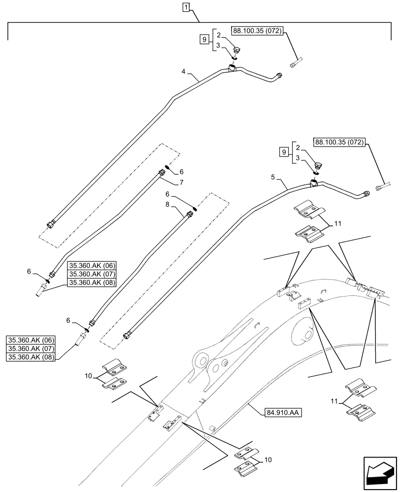 Схема запчастей Case CX130D LC - (88.100.35[073]) - DIA KIT, AUXILIARY CIRCUIT, SHEARS, W/ ELECTRICAL PROPORTIONAL CONTROL, BOOM, LINE (88) - ACCESSORIES