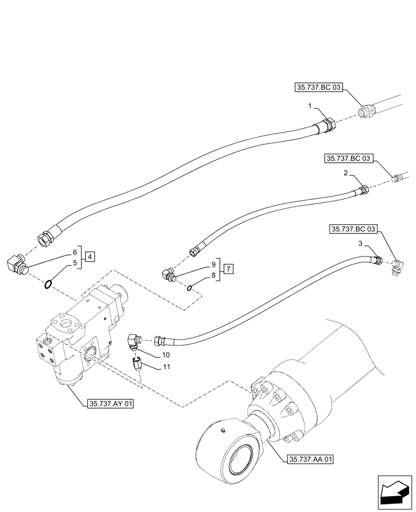 Схема запчастей Case CX490D RTC - (35.737.BC[05]) - VAR - 481064 - ARM, CYLINDER, SAFETY VALVE, LINES (35) - HYDRAULIC SYSTEMS