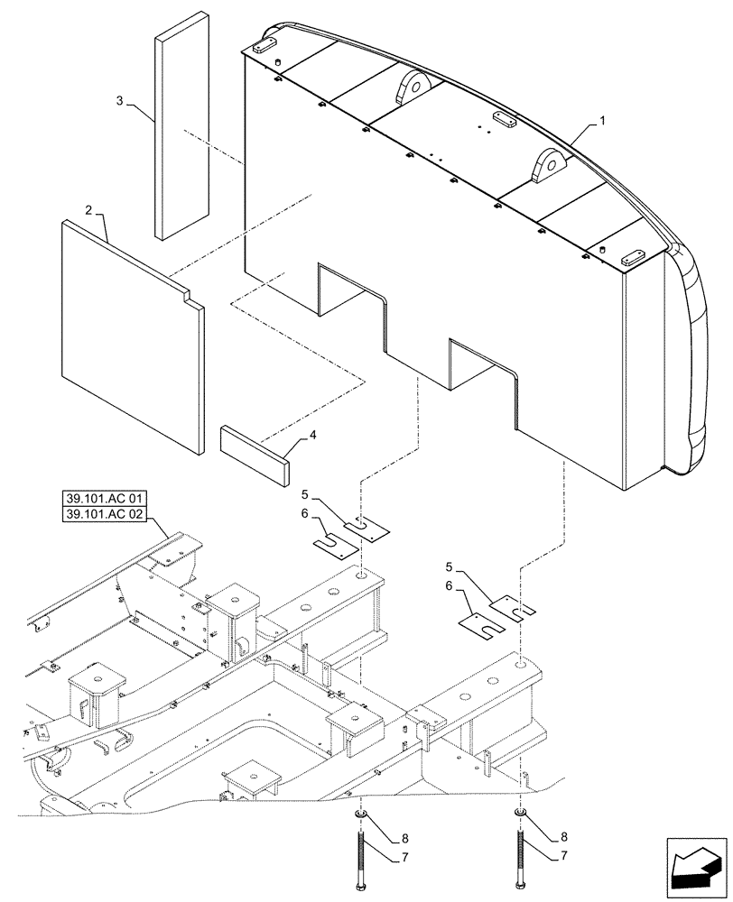 Схема запчастей Case CX500D LC - (39.140.AM[01]) - COUNTERWEIGHT, INSULATION (39) - FRAMES AND BALLASTING