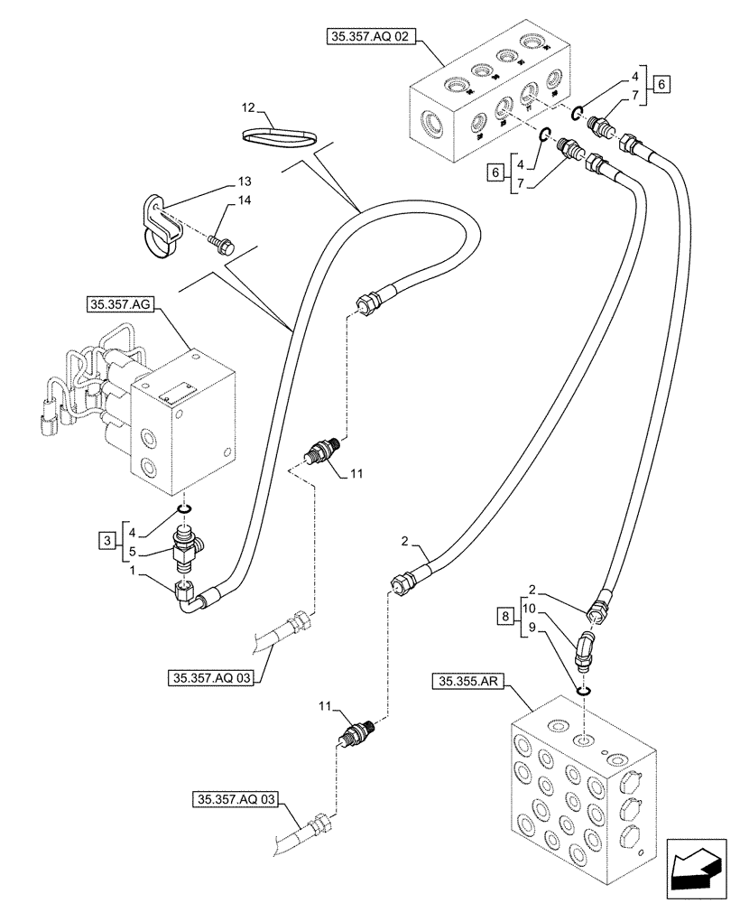 Схема запчастей Case CX500D RTC - (35.357.AQ[01]) - PILOT VALVE, DRAIN LINE (35) - HYDRAULIC SYSTEMS