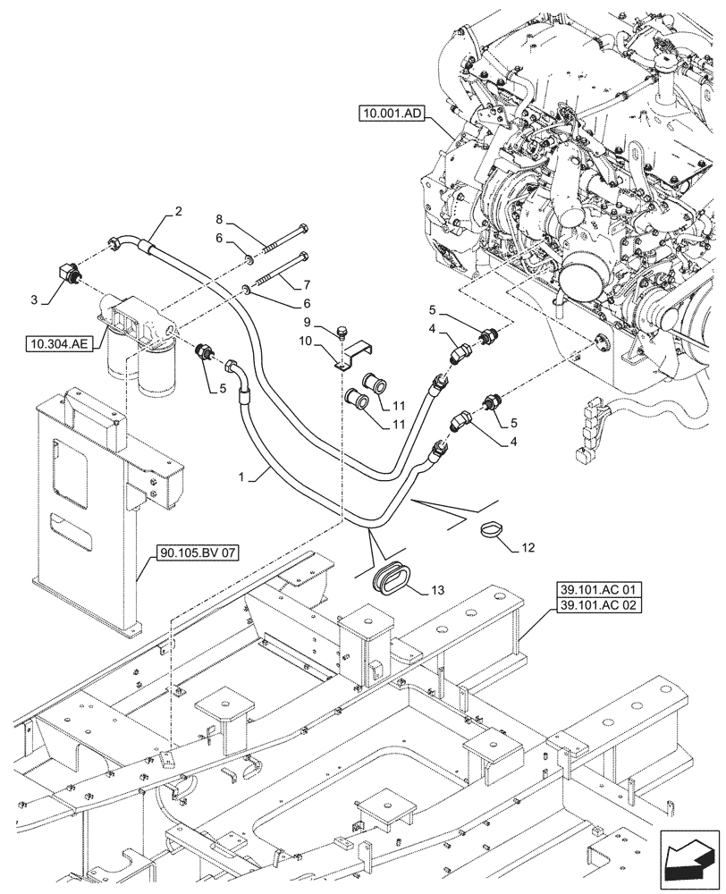 Схема запчастей Case CX490D RTC - (10.304.AF[01]) - ENGINE OIL FILTER, LINES (10) - ENGINE