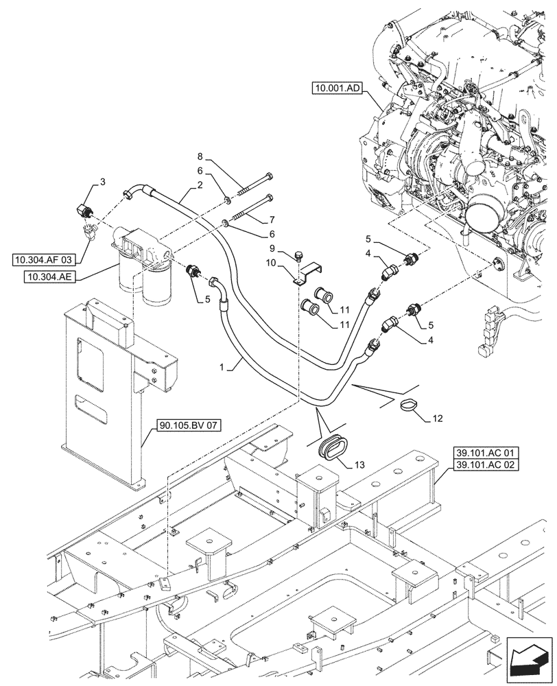 Схема запчастей Case CX490D LC - (10.304.AF[02]) - VAR - 488034 - ENGINE OIL FILTER, DRAIN LINE (10) - ENGINE