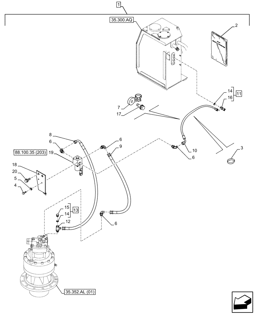 Схема запчастей Case CX350D LC - (88.100.35[201]) - DIA KIT, FREE SWING, MOTO-REDUCTION GEAR, LOCKOUT SOLENOID VALVE, LINE (88) - ACCESSORIES