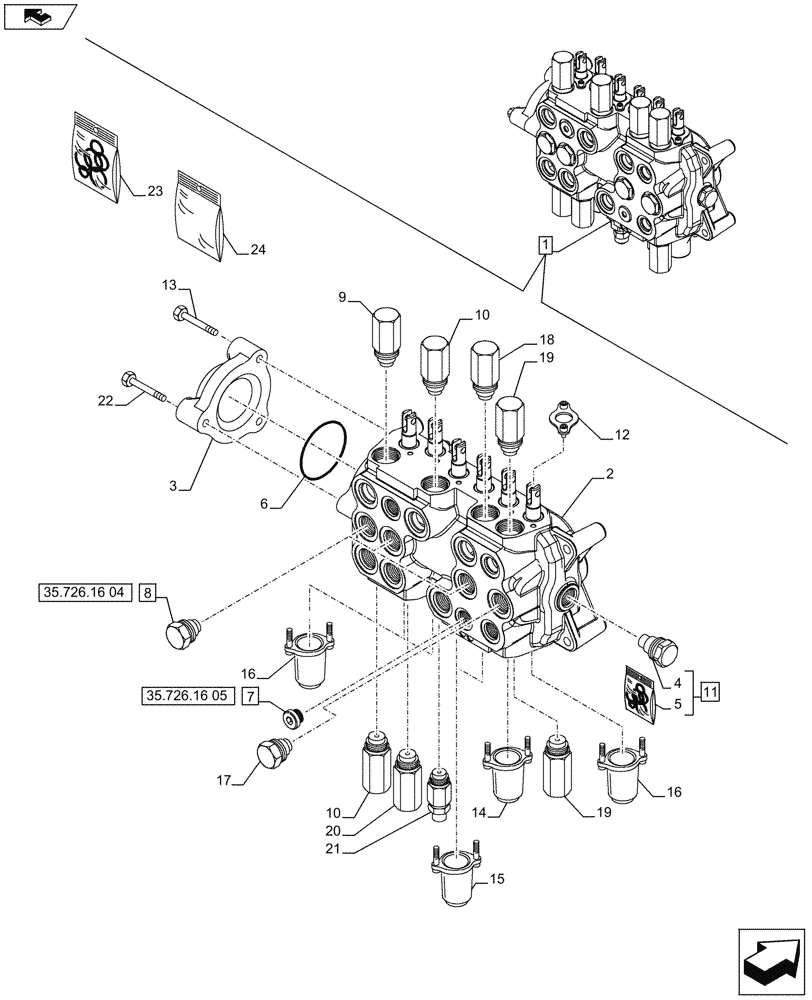 Схема запчастей Case 590SN - (35.726.1602[01A]) - BACKHOE CONTROL VALVE, 6-SPOOL, COMPONENTS, W/ STANDARD DIPPER, W/ FOOT SWING CONTROLS - D7373 (35) - HYDRAULIC SYSTEMS