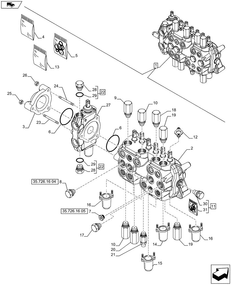 Схема запчастей Case 580SN WT - (35.726.1607[01A]) - BACKHOE CONTROL VALVE, 7-SPOOL, COMPONENTS, W/ EXTENDABLE DIPPER, W/ FOOT SWING CONTROLS - D7373 (35) - HYDRAULIC SYSTEMS