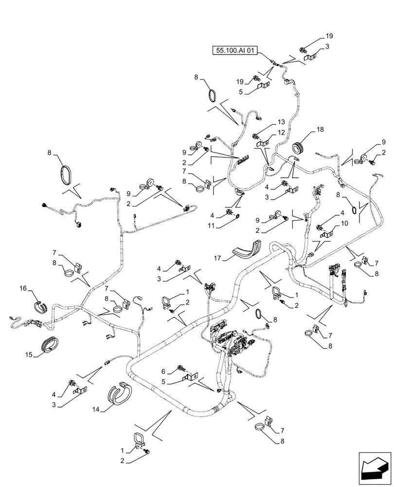 Схема запчастей Case CX490D RTC - (55.100.AI[02]) - MAIN, WIRE HARNESS, CABLE CLIP (55) - ELECTRICAL SYSTEMS