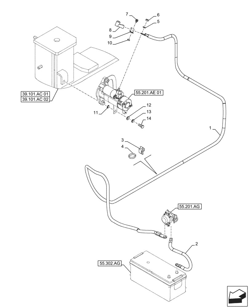 Схема запчастей Case CX490D RTC - (55.302.AV) - BATTERY CABLES (55) - ELECTRICAL SYSTEMS