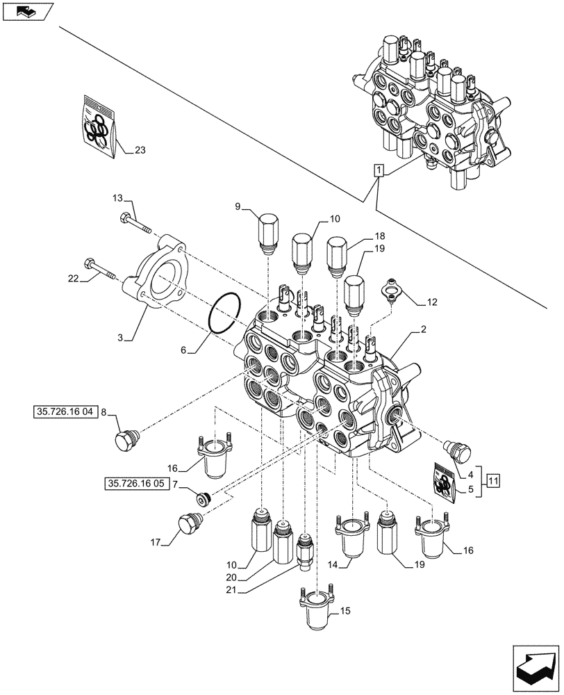 Схема запчастей Case 580SN WT - (35.726.16[01A]) - BACKHOE CONTROL VALVE, 6-SPOOL, COMPONENTS, W/ STANDARD DIPPER, W/ 2 LEVER CONTROLS - D7373 (35) - HYDRAULIC SYSTEMS