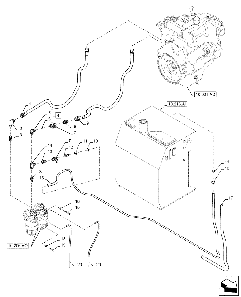 Схема запчастей Case CX490D RTC - (10.216.BA[03]) - FUEL LINE (10) - ENGINE