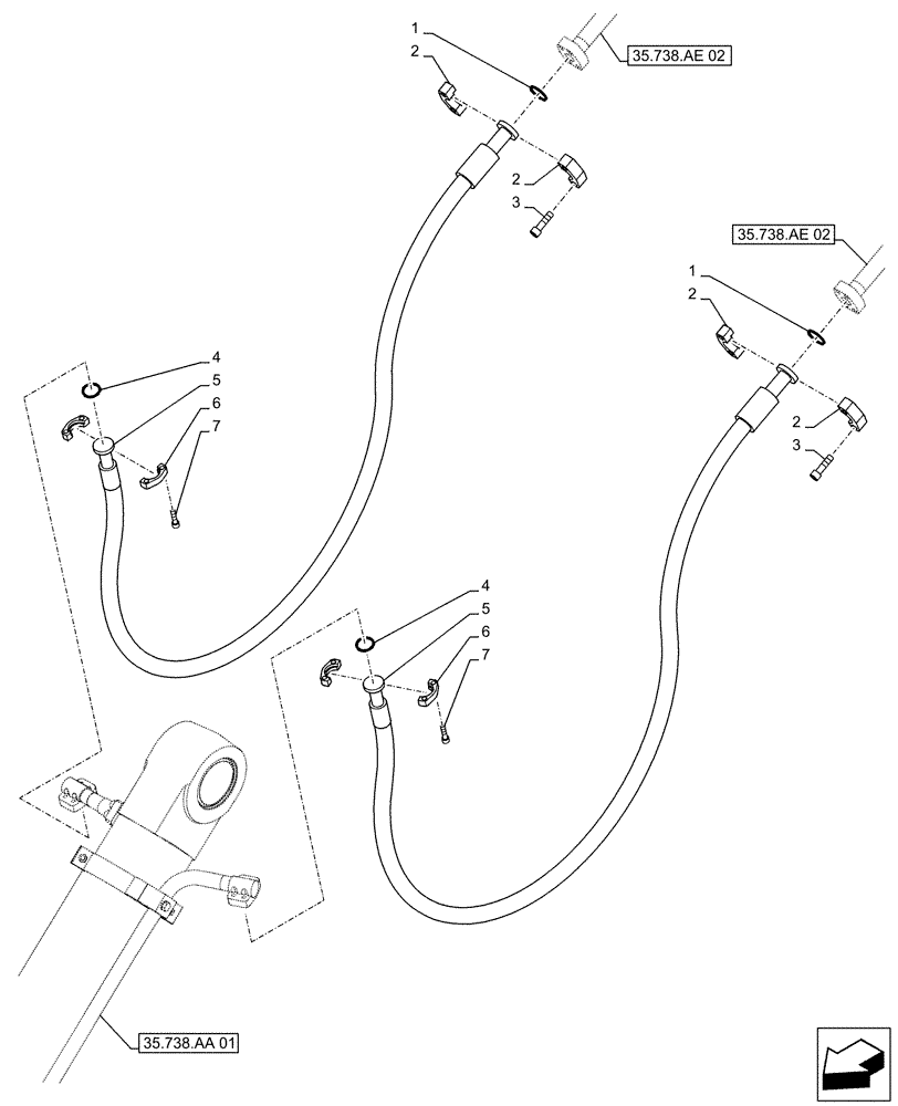 Схема запчастей Case CX490D RTC - (35.738.AE[06]) - VAR - 781184 - BUCKET CYLINDER, LINES (ARM L=4.0M) (35) - HYDRAULIC SYSTEMS