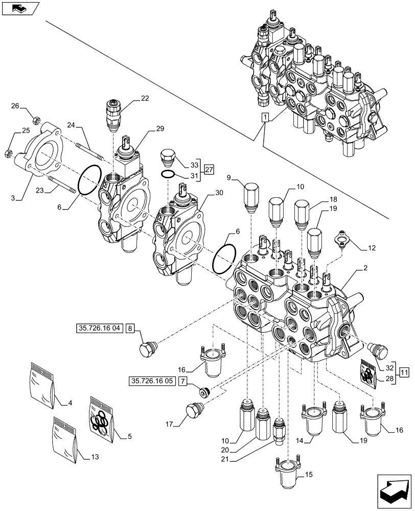 Схема запчастей Case 590SN - (35.726.1609[01A]) - BACKHOE CONTROL VALVE, 8-SPOOL, COMPONENTS, W/ EXTENDABLE DIPPER, W/ 2 LEVER CONTROLS, W/ DOUBLE AUXILIARY HYDRAULICS - D7373 (35) - HYDRAULIC SYSTEMS