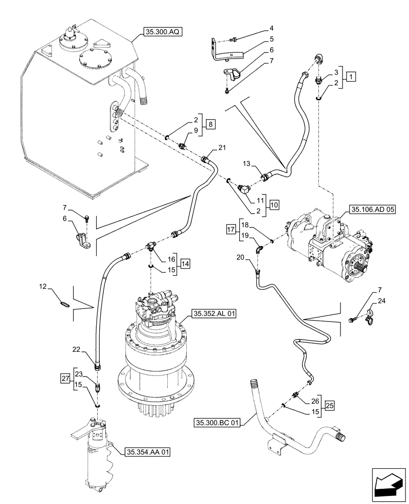 Схема запчастей Case CX490D RTC - (35.352.AI[02]) - MOTO-REDUCTION GEAR, LINES (35) - HYDRAULIC SYSTEMS