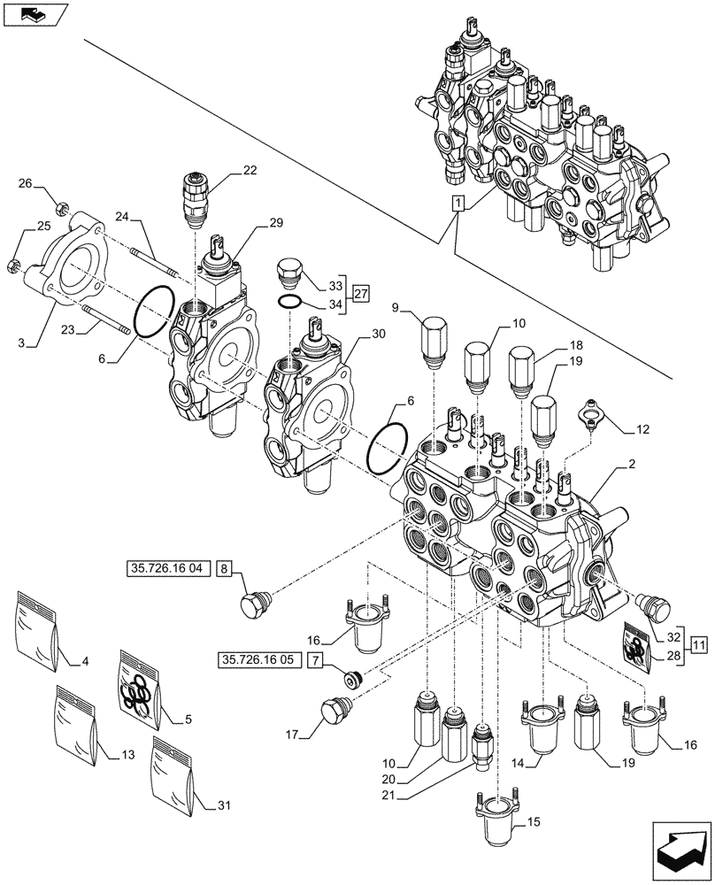 Схема запчастей Case 590SN - (35.726.1603[01A]) - BACKHOE CONTROL VALVE, 8-SPOOL, COMPONENTS, W/ EXTENDABLE DIPPER, W/ FOOT SWING CONTROLS - D7373 (35) - HYDRAULIC SYSTEMS