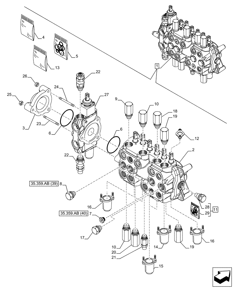 Схема запчастей Case 590SN - (35.359.AB[45A]) - BACKHOE CONTROL VALVE, 7-SPOOL, COMPONENTS, STANDARD DIPPER, W/ FOOT SWING CONTROLS - BEGIN YR 11-JUL-2015 (35) - HYDRAULIC SYSTEMS