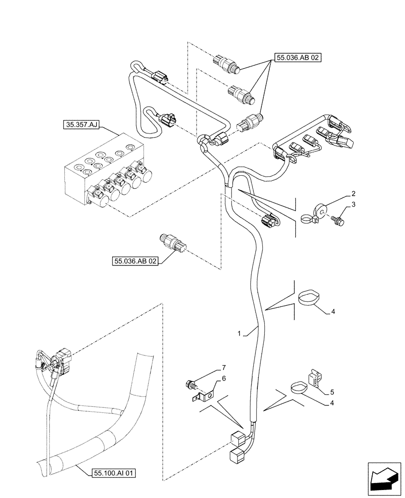 Схема запчастей Case CX500D LC - (55.100.AI[04]) - CONTROL VALVE, WIRE HARNESS (55) - ELECTRICAL SYSTEMS