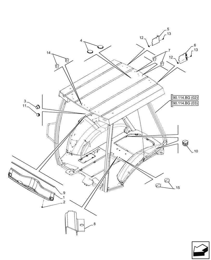 Схема запчастей Case 590SN - (90.114.BG[01]) - VAR 423000, 442082 - CANOPY, COVER, PLUG (90) - PLATFORM, CAB, BODYWORK AND DECALS