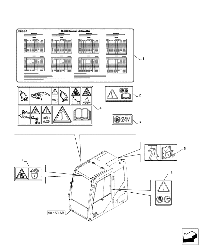 Схема запчастей Case CX490D LC - (90.108.AC[01]) - WARNING DECAL (90) - PLATFORM, CAB, BODYWORK AND DECALS