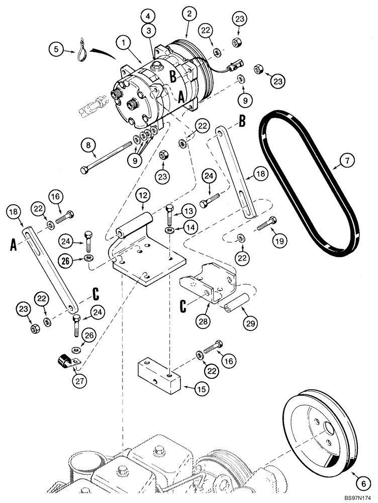 Схема запчастей Case 590SM - (09-67) - CAB - AIR CONDITIONING COMPRESSOR (09) - CHASSIS/ATTACHMENTS